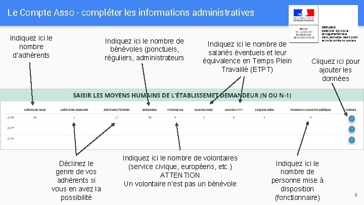 Le Compte Asso - compléter les informations administratives Indiquez ici le nombre d’adhérents Déclinez