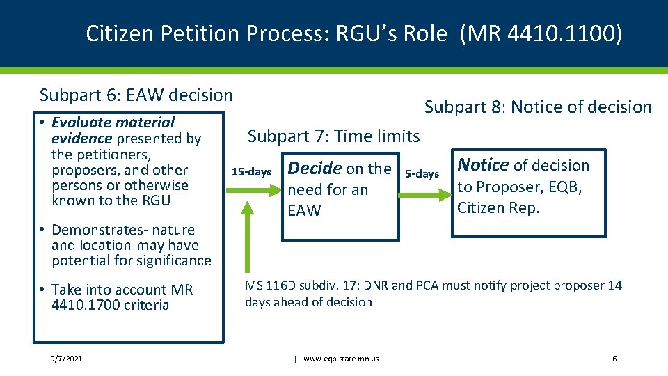 Citizen Petition Process: RGU’s Role (MR 4410. 1100) Subpart 6: EAW decision • Evaluate