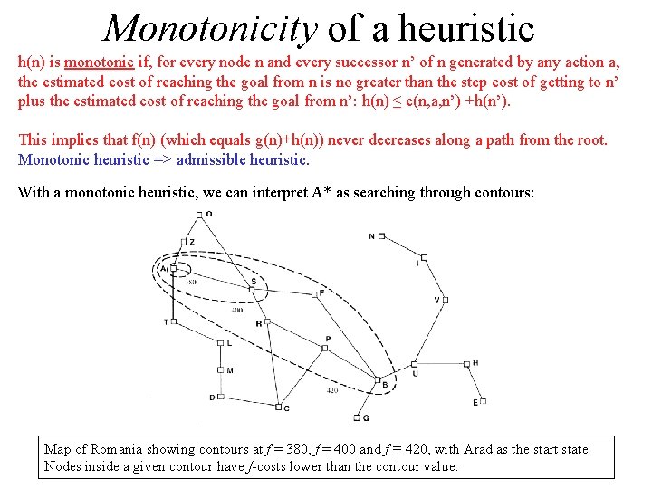 Monotonicity of a heuristic h(n) is monotonic if, for every node n and every