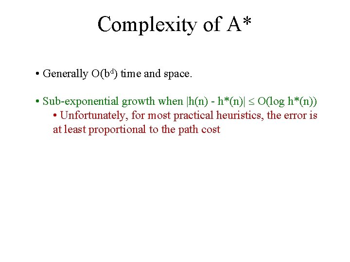 Complexity of A* • Generally O(bd) time and space. • Sub-exponential growth when |h(n)