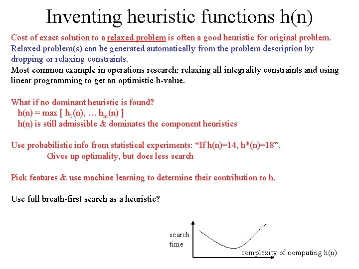 Inventing heuristic functions h(n) Cost of exact solution to a relaxed problem is often
