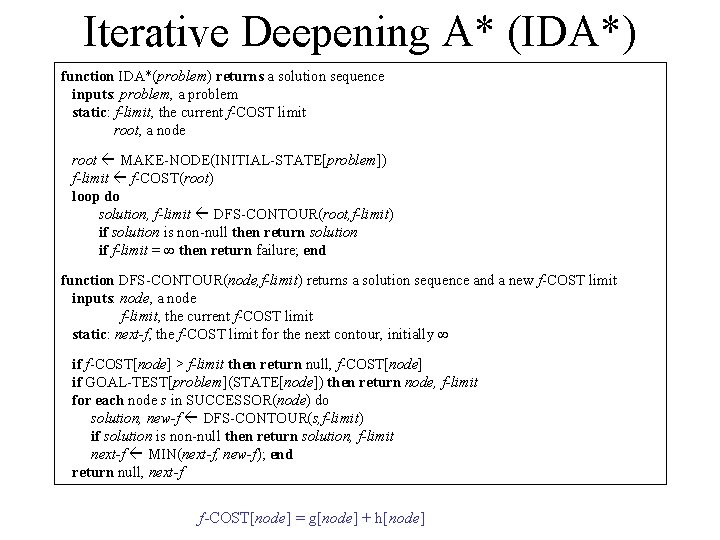 Iterative Deepening A* (IDA*) function IDA*(problem) returns a solution sequence inputs: problem, a problem