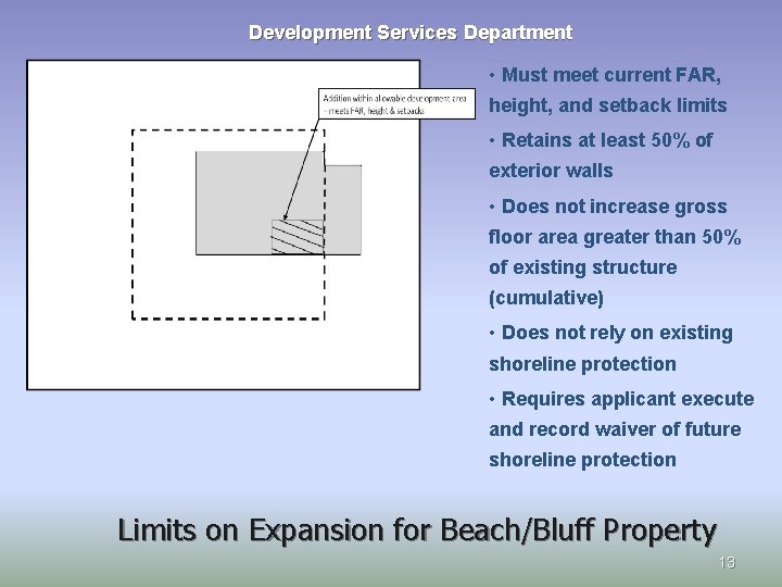 Development Services Department • Must meet current FAR, height, and setback limits • Retains Development Services Department • Must meet current FAR, height, and setback limits • Retains