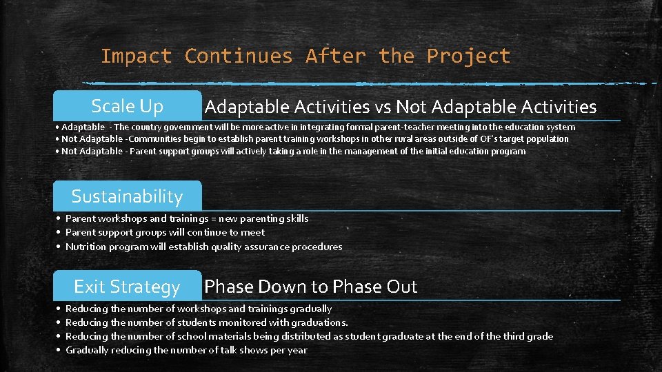 Impact Continues After the Project Scale Up Adaptable Activities vs Not Adaptable Activities •
