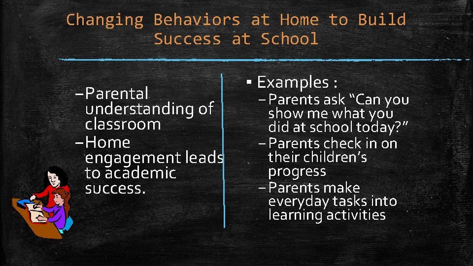 Changing Behaviors at Home to Build Success at School –Parental understanding of classroom –Home