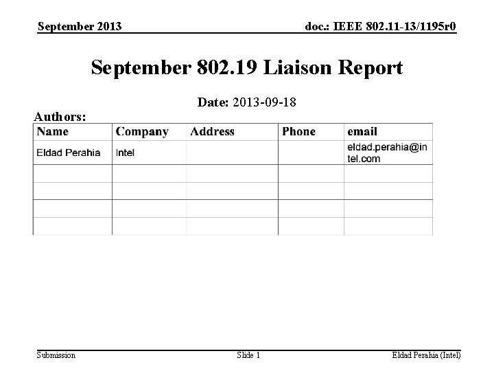 September 2013 doc. : IEEE 802. 11 -13/1195 r 0 September 802. 19 Liaison