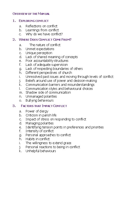 OVERVIEW OF THE MANUAL 1. EXPLORING CONFLICT a. b. c. Reflections on conflict Learnings