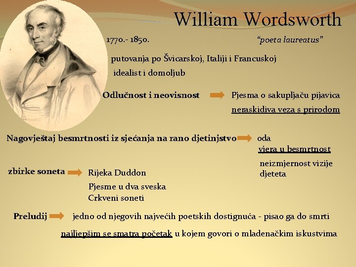 William Wordsworth 1770. - 1850. “poeta laureatus” putovanja po Švicarskoj, Italiji i Francuskoj idealist