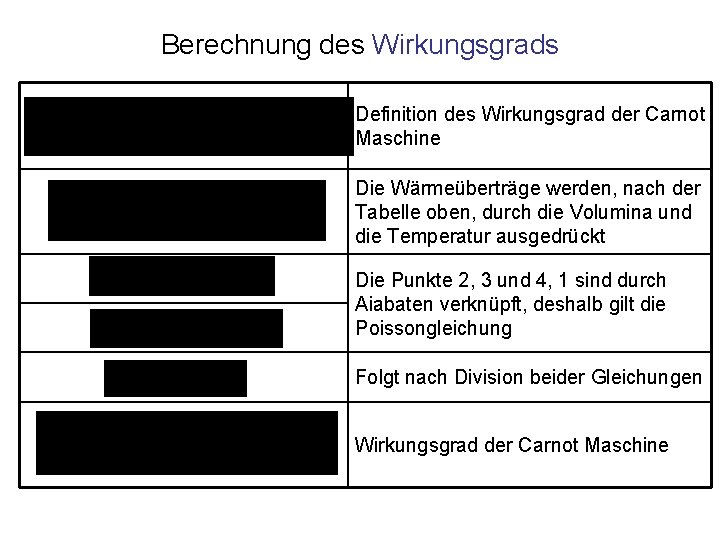 Berechnung des Wirkungsgrads Definition des Wirkungsgrad der Carnot Maschine Die Wärmeüberträge werden, nach der