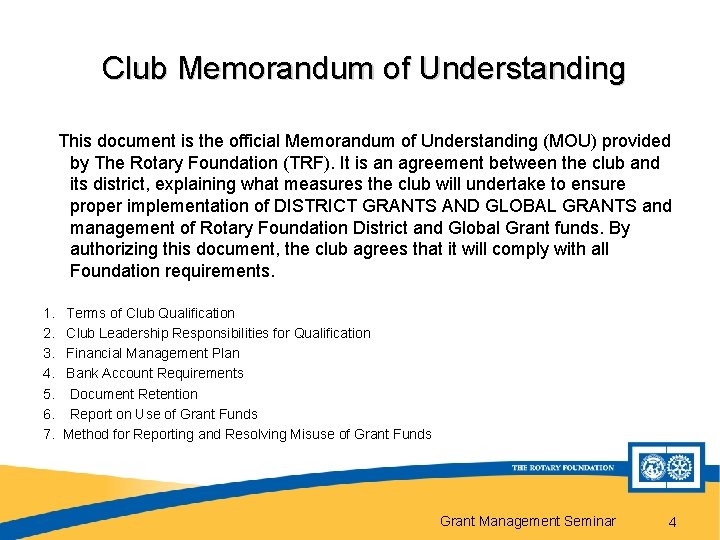 Club Memorandum of Understanding This document is the official Memorandum of Understanding (MOU) provided