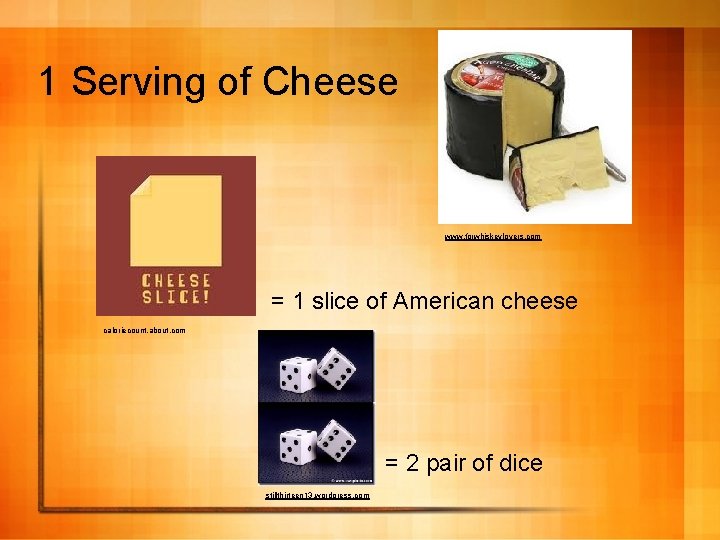 1 Serving of Cheese www. forwhiskeylovers. com = 1 slice of American cheese caloriecount.