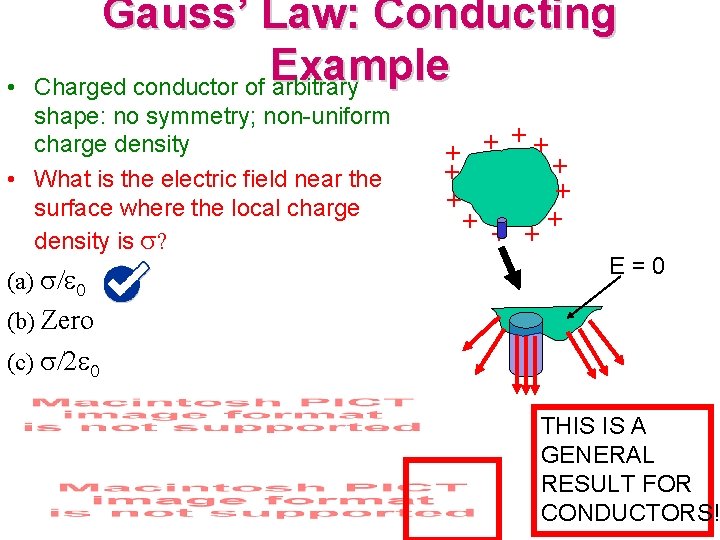  • Gauss’ Law: Conducting Example Charged conductor of arbitrary shape: no symmetry; non-uniform