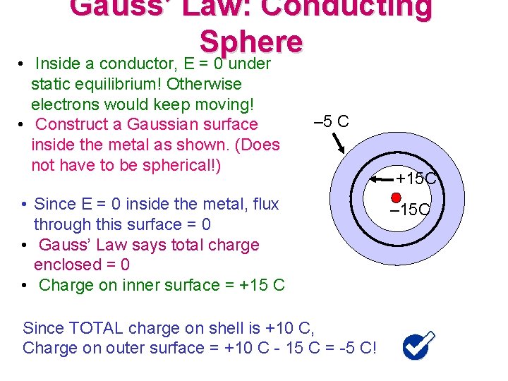  • Gauss’ Law: Conducting Sphere Inside a conductor, E = 0 under static