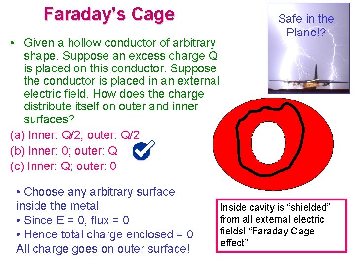 Faraday’s Cage • Given a hollow conductor of arbitrary shape. Suppose an excess charge