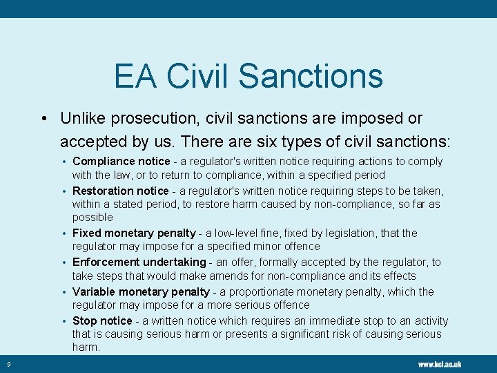 EA Civil Sanctions • Unlike prosecution, civil sanctions are imposed or accepted by us.