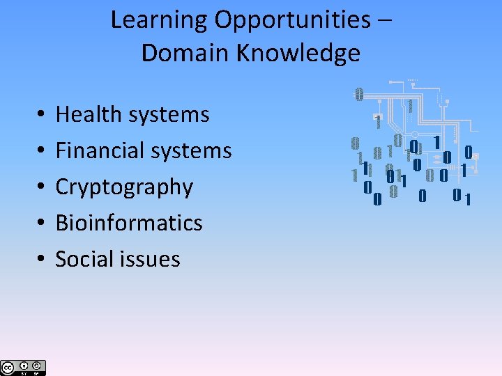 Learning Opportunities – Domain Knowledge • • • Health systems Financial systems Cryptography Bioinformatics