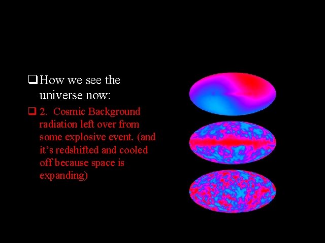 q How we see the universe now: q 2. Cosmic Background radiation left over