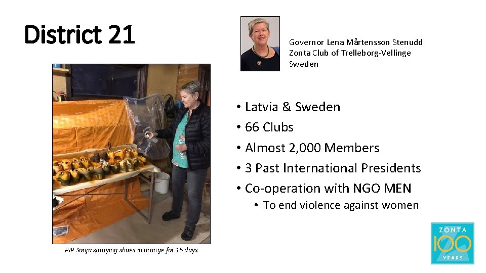 District 21 Governor Lena Mårtensson Stenudd Zonta Club of Trelleborg-Vellinge Sweden • Latvia &