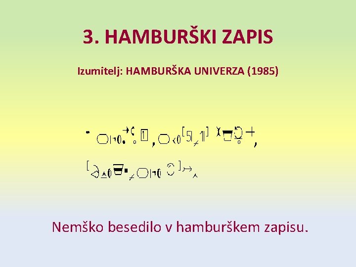 3. HAMBURŠKI ZAPIS Izumitelj: HAMBURŠKA UNIVERZA (1985) Nemško besedilo v hamburškem zapisu. 