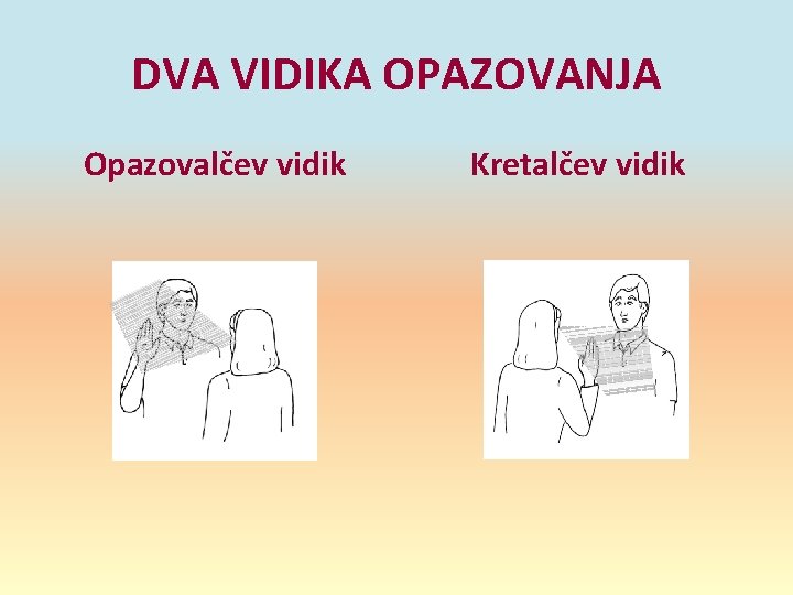 DVA VIDIKA OPAZOVANJA Opazovalčev vidik Kretalčev vidik DVA VIDIKA OPAZOVANJA Opazovalčev vidik Kretalčev vidik