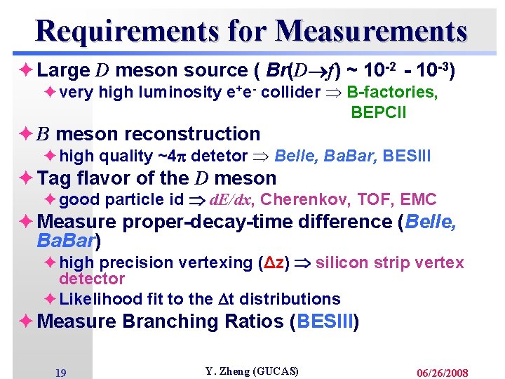 Requirements for Measurements è Large D meson source ( Br(D f) ~ 10 -2