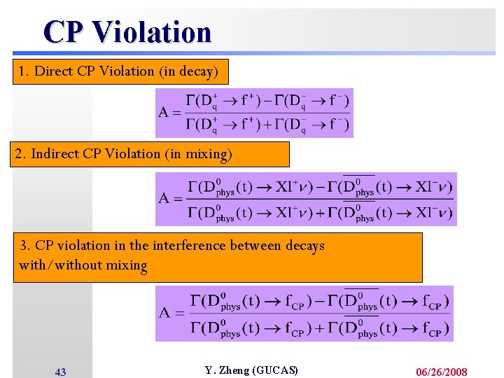 CP Violation 1. Direct CP Violation (in decay) 2. Indirect CP Violation (in mixing)