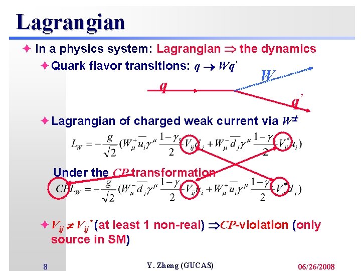 Lagrangian è In a physics system: Lagrangian the dynamics èQuark flavor transitions: q Wq’