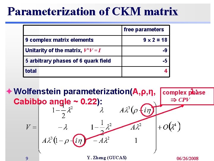 Parameterization of CKM matrix free parameters 9 complex matrix elements 9 2 = 18