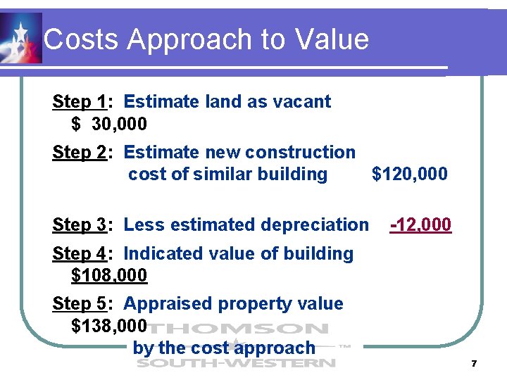 Costs Approach to Value Step 1: Estimate land as vacant $ 30, 000 Step Costs Approach to Value Step 1: Estimate land as vacant $ 30, 000 Step