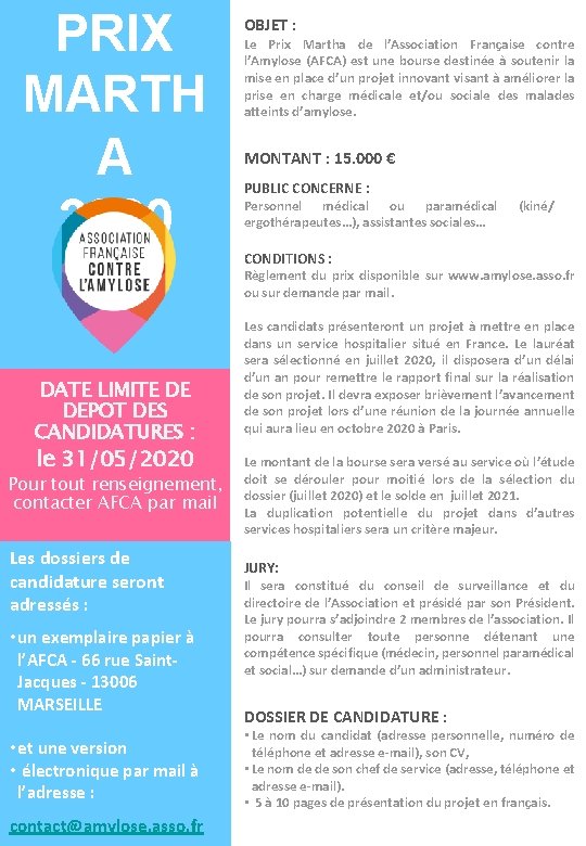 PRIX MARTH A 2020 OBJET : Le Prix Martha de l’Association Française contre l’Amylose