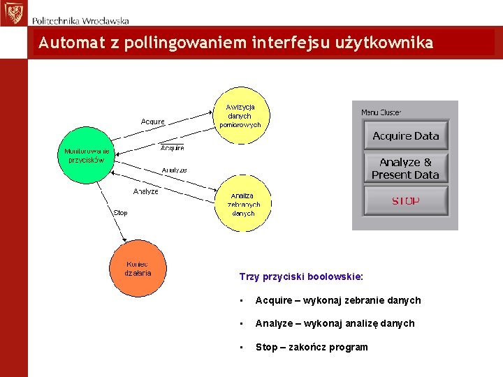 Automat z pollingowaniem interfejsu użytkownika Trzy przyciski boolowskie: • Acquire – wykonaj zebranie danych