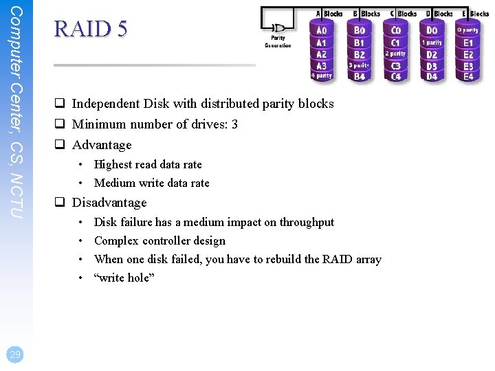 Computer Center, CS, NCTU 29 RAID 5 q Independent Disk with distributed parity blocks