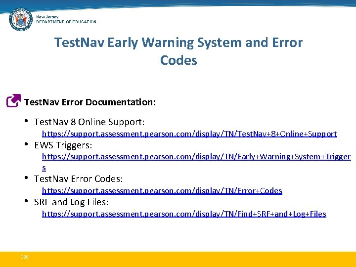 New Jersey DEPARTMENT OF EDUCATION Test. Nav Early Warning System and Error Codes Test.