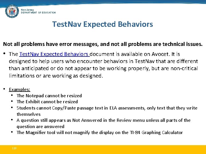 New Jersey DEPARTMENT OF EDUCATION Test. Nav Expected Behaviors Not all problems have error