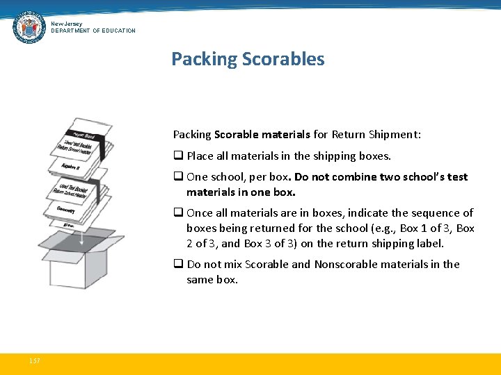 New Jersey DEPARTMENT OF EDUCATION Packing Scorables Packing Scorable materials for Return Shipment: q