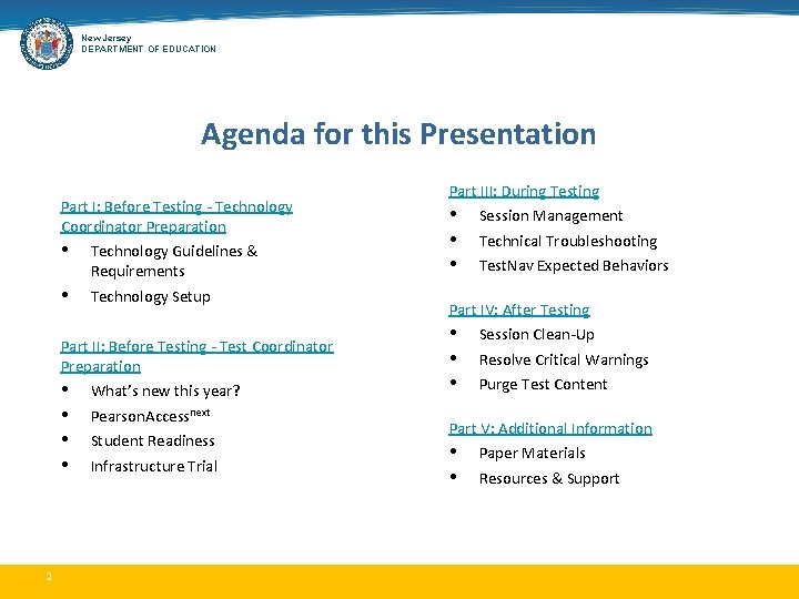 New Jersey DEPARTMENT OF EDUCATION Agenda for this Presentation Part I: Before Testing -