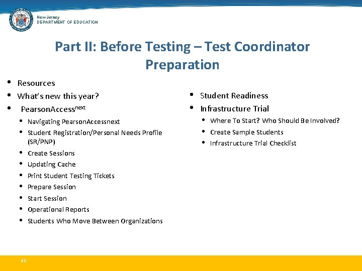 New Jersey DEPARTMENT OF EDUCATION Part II: Before Testing – Test Coordinator Preparation •