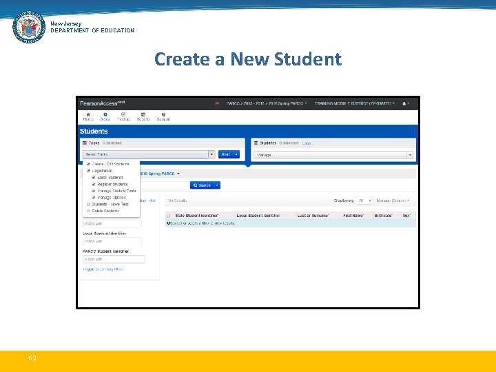 New Jersey DEPARTMENT OF EDUCATION Create a New Student 62 