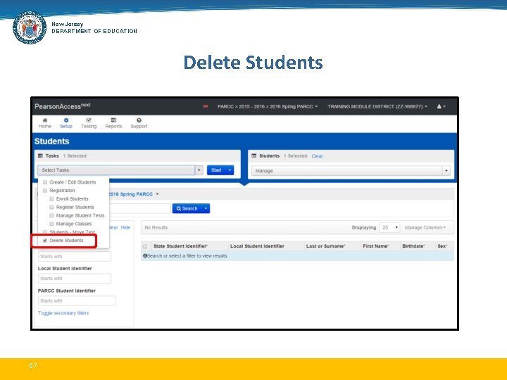 New Jersey DEPARTMENT OF EDUCATION Delete Students 67 