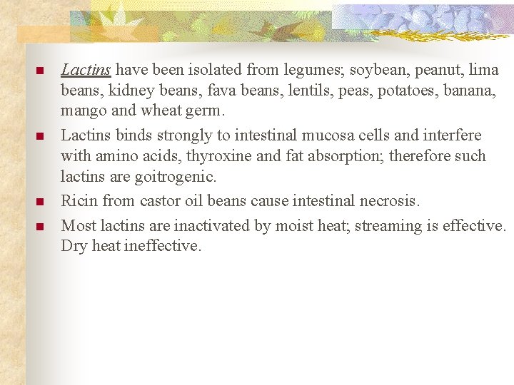 n n Lactins have been isolated from legumes; soybean, peanut, lima beans, kidney beans,