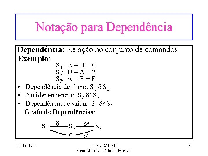 Notação para Dependência: Relação no conjunto de comandos Exemplo: S 1: A = B