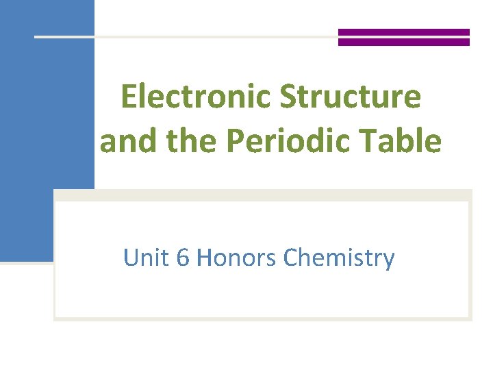 Electronic Structure and the Periodic Table Unit 6 Honors Chemistry 