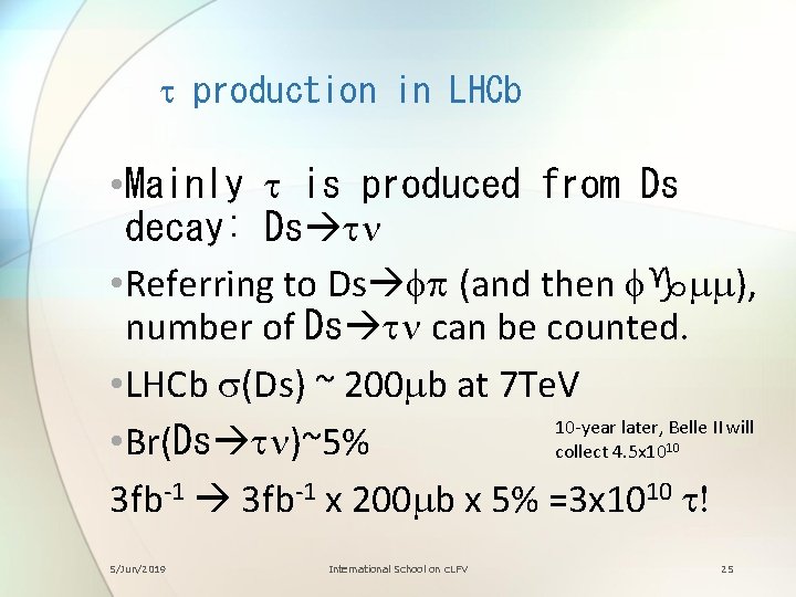 t production in LHCb • Mainly t is produced from Ds decay: Ds tn