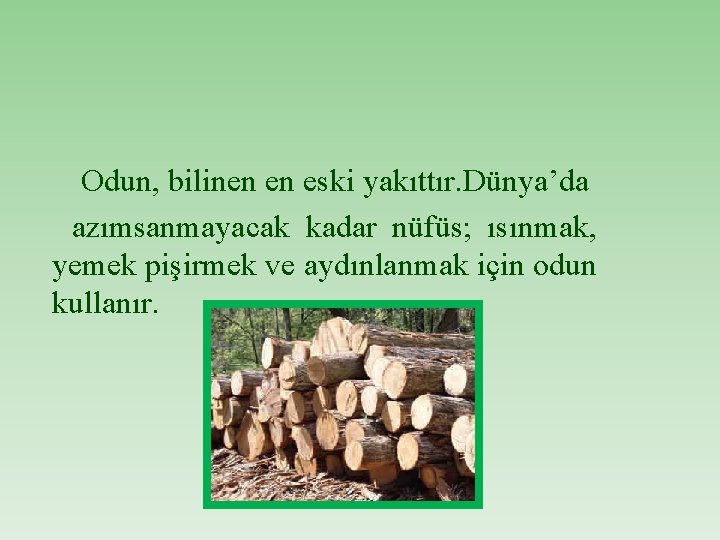Odun, bilinen en eski yakıttır. Dünya’da azımsanmayacak kadar nüfüs; ısınmak, yemek pişirmek ve aydınlanmak
