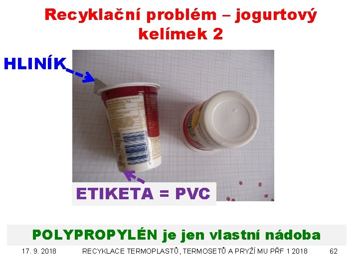 Recyklační problém – jogurtový kelímek 2 HLINÍK ETIKETA = PVC POLYPROPYLÉN je jen vlastní