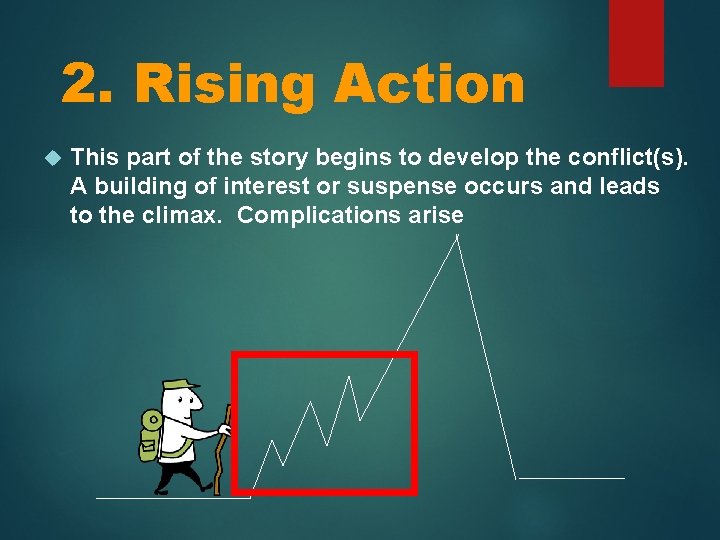 2. Rising Action This part of the story begins to develop the conflict(s). A