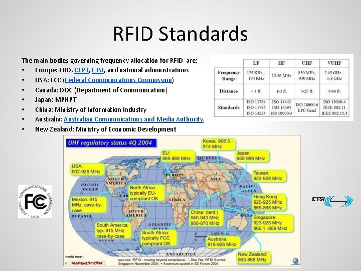 RFID Standards The main bodies governing frequency allocation for RFID are: • Europe: ERO,