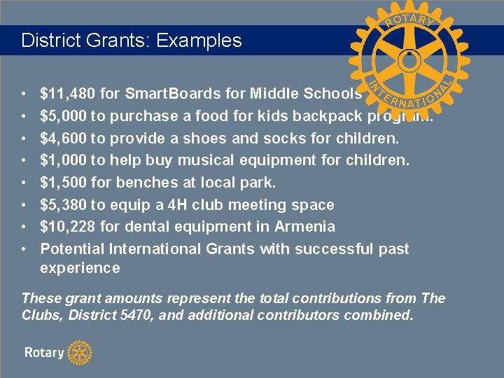 District Grants: Examples • • $11, 480 for Smart. Boards for Middle Schools $5,