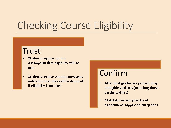 Checking Course Eligibility Trust • Students register on the assumption that eligibility will be