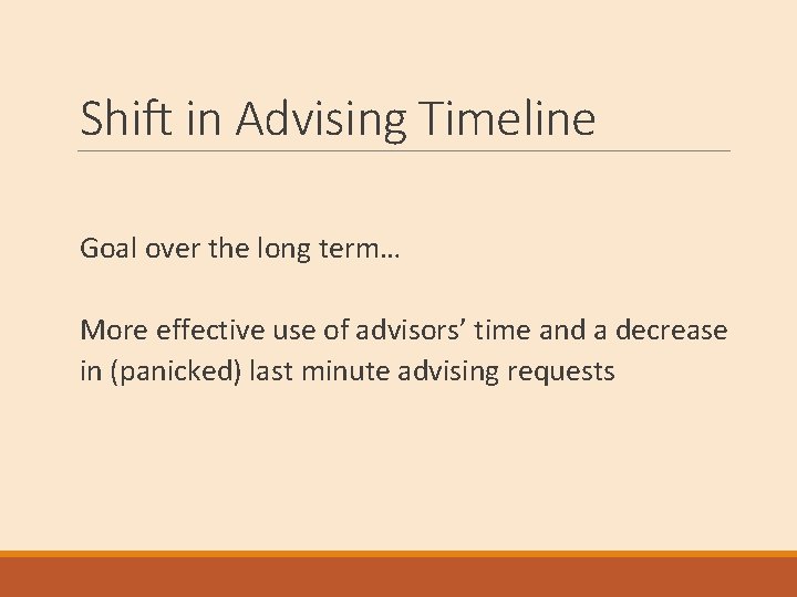 Shift in Advising Timeline Goal over the long term… More effective use of advisors’